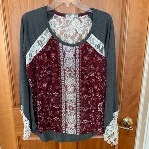 JOLT maroon/gray shirt with lace detail. Size L
